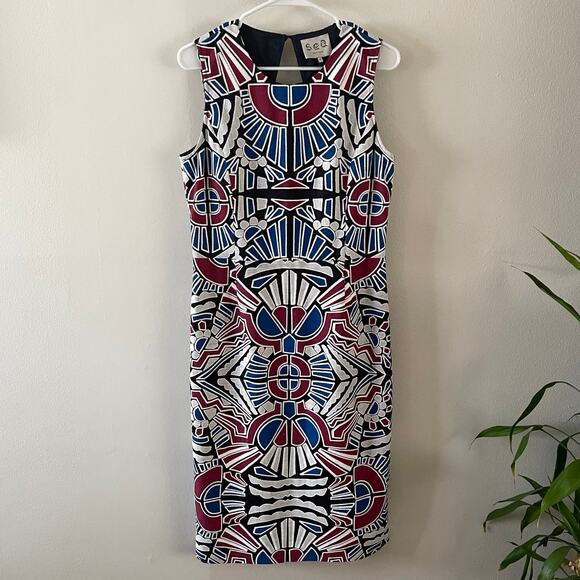 Sea New York Midi Sheath Dress Women 10 Multi-Color Laser Cut Geometric Print - Picture 1 of 12